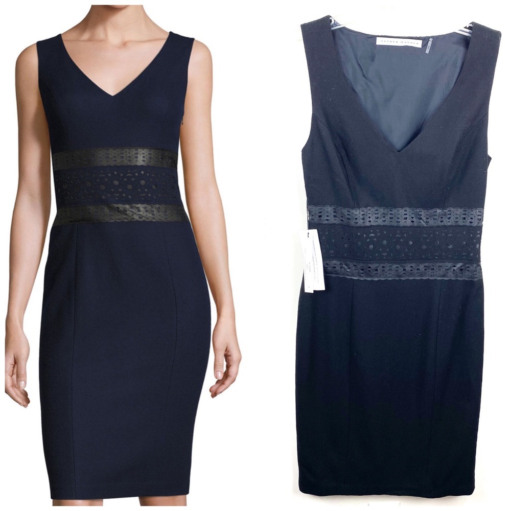Susana Monaco Sleeveless Faux-Leather Panel career wear Sheath Dress